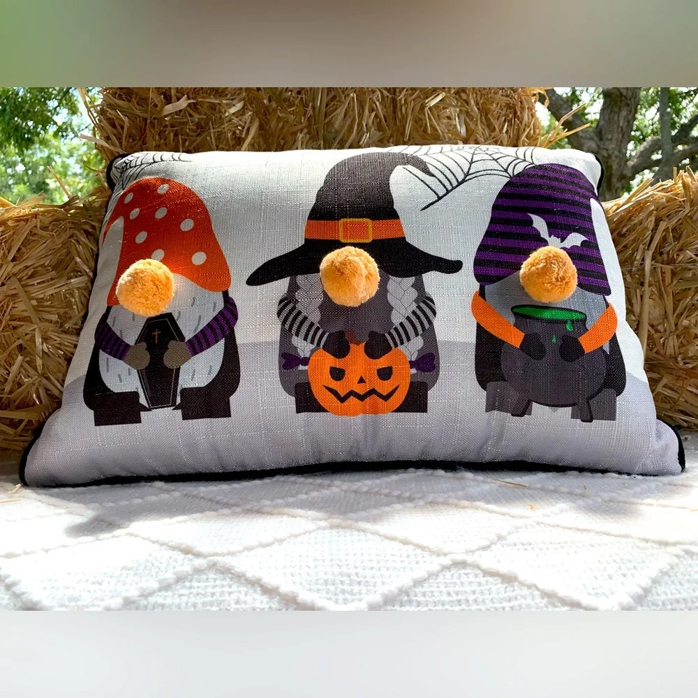 Halloween Decor Pillow Witch Warlock Gnomes Fuzzy Ball Nose- NWT